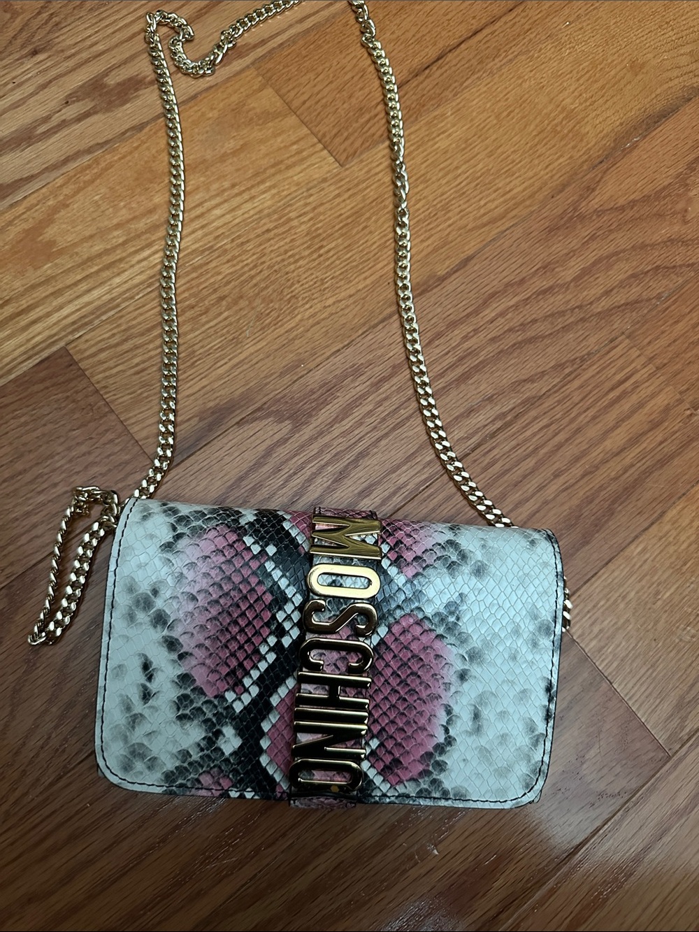 Moschino Pink and White Snake-Print Chain Crossbody Bag
